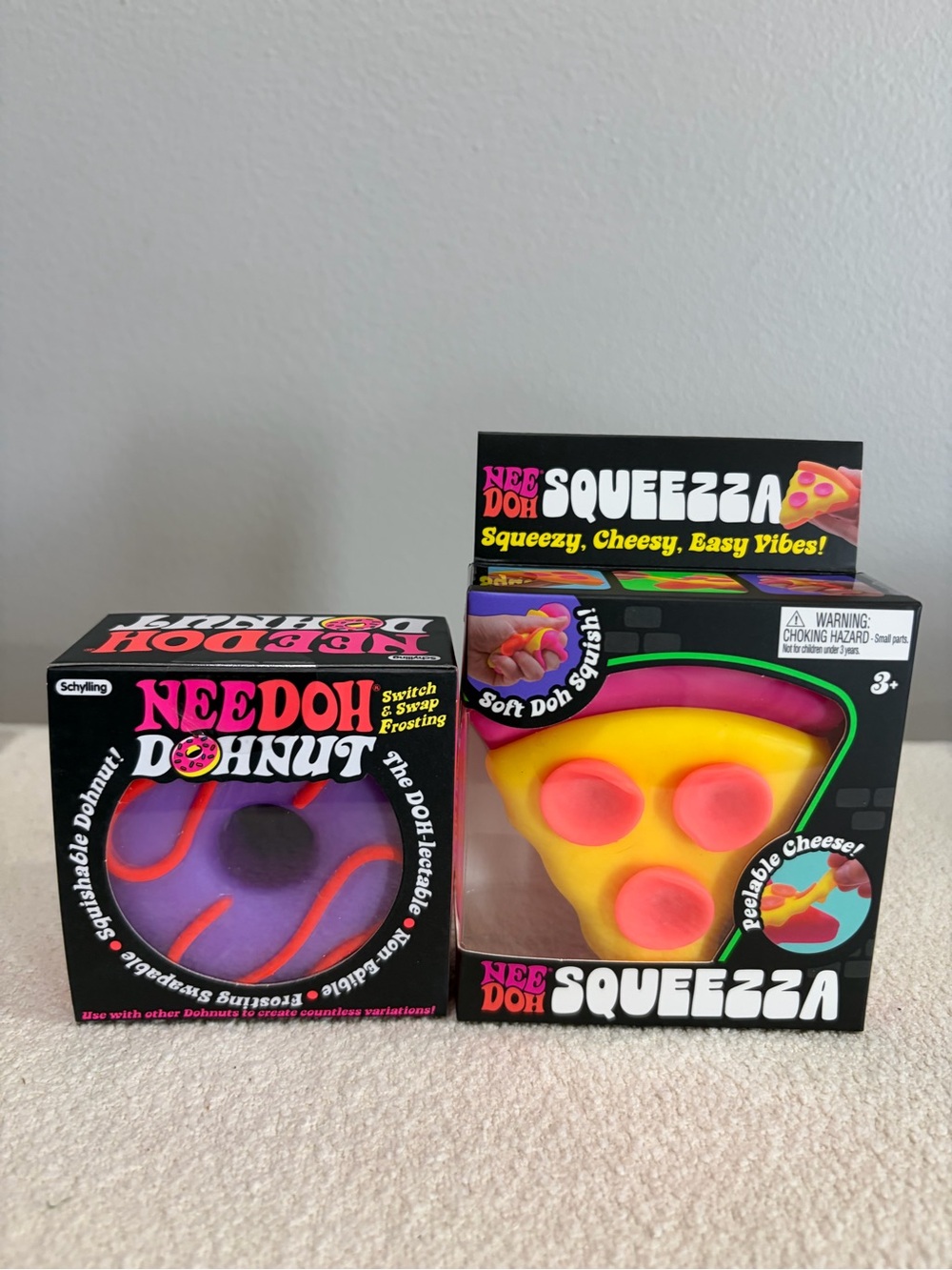 Viral 🔥NEEDOH Donut & Squeezza Pizza Squishy Toy Duo - Purple, Yellow, Pink